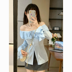 Off-Shoulder Lightweight Long Sleeve Shirt – Slim Fit Dopamine Style Blouse