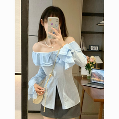 Off-Shoulder Lightweight Long Sleeve Shirt – Slim Fit Dopamine Style Blouse