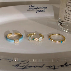 Blue Enamel Mother-of-Pearl Ring – Light Luxury Summer Statement Ring for Women