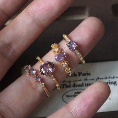 French Retro Purple Open Ring – Sparkling Vintage-Inspired Statement Ring for Women