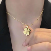 Lucky Four-Leaf Clover Necklace – Hollow Titanium Steel with Crystals