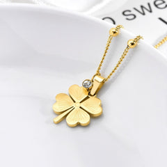 Lucky Four-Leaf Clover Necklace – Hollow Titanium Steel with Crystals