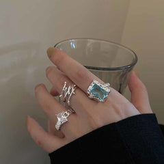 Geometric Square Zircon Open Ring – Adjustable High-End INS Style for Women