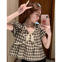 Retro Plaid Puff Sleeve Lace V-Neck Babydoll Blouse – Korean Style