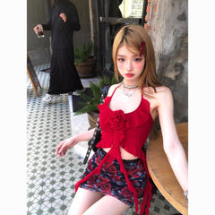 Bangkok Heatwave Red Halter Strap Tank Top – Y2K Pure Desire Slim Fit Street Style for Women