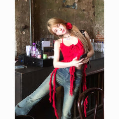 Bangkok Heatwave Red Halter Strap Tank Top – Y2K Pure Desire Slim Fit Street Style for Women