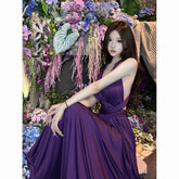 Elegant Purple Backless Halter Evening Dress – Long Tie-Back Gown for Birthdays & Engagement Parties