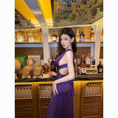Elegant Purple Backless Halter Evening Dress – Long Tie-Back Gown for Birthdays & Engagement Parties