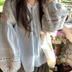 Honey Daisy Embroidered Tassel Blouse – Vintage Loose Fit