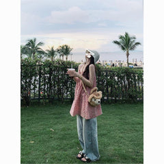 Dopamine Rainbow Lace-Up Sundress – Seaside Holiday Suspender Dress for Women