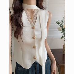 French Irregular Sleeveless Knit Cardigan – Lace Stitching Cropped Top for Women