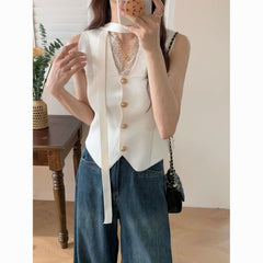 French Irregular Sleeveless Knit Cardigan – Lace Stitching Cropped Top for Women