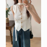 French Irregular Sleeveless Knit Cardigan – Lace Stitching Cropped Top for Women