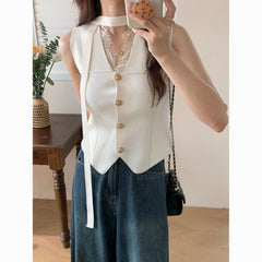 French Irregular Sleeveless Knit Cardigan – Lace Stitching Cropped Top for Women
