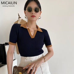 Korean Contrast Color Polo Collar Knit T-Shirt – Slim Fit Retro Short Sleeve Top for Women