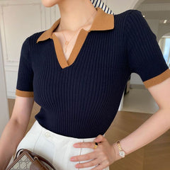 Korean Contrast Color Polo Collar Knit T-Shirt – Slim Fit Retro Short Sleeve Top for Women