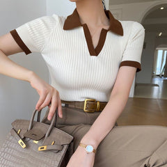 Korean Contrast Color Polo Collar Knit T-Shirt – Slim Fit Retro Short Sleeve Top for Women