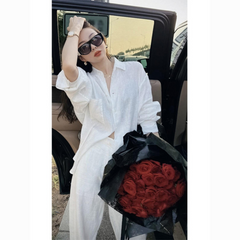 Elegant Plus Size White Two-Piece Set – Flattering Shirt & Pants for Women Coord