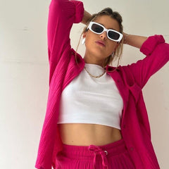 Trendy Women’s Crinkle Shirt & Drawstring Shorts Set – Long Sleeve Lapel Top + High-Waist Two-Piece