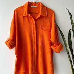 Trendy Women’s Crinkle Shirt & Drawstring Shorts Set – Long Sleeve Lapel Top + High-Waist Two-Piece