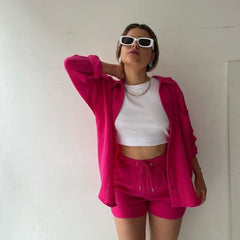 Trendy Women’s Crinkle Shirt & Drawstring Shorts Set – Long Sleeve Lapel Top + High-Waist Two-Piece