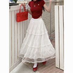 White Lace Tiered A-Line Skirt – High-Waisted French Style Midi Skirt for Women