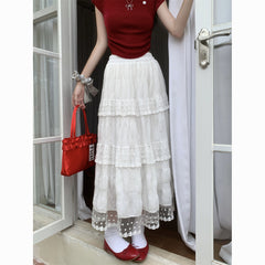 White Lace Tiered A-Line Skirt – High-Waisted French Style Midi Skirt for Women