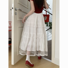 White Lace Tiered A-Line Skirt – High-Waisted French Style Midi Skirt for Women