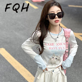 Cat Print Colorblock Long Sleeve T-Shirt – Slim Fit Cropped Tee for Women