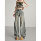 Vintage High-Waist Straight-Leg Jeans – Loose Fit Wide-Leg Stripe Design Slimming Denim Pants for Women