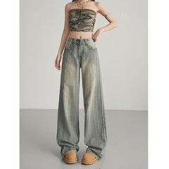 Vintage High-Waist Straight-Leg Jeans – Loose Fit Wide-Leg Stripe Design Slimming Denim Pants for Women