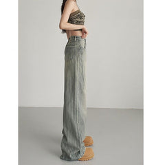 Vintage High-Waist Straight-Leg Jeans – Loose Fit Wide-Leg Stripe Design Slimming Denim Pants for Women