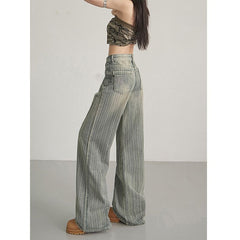 Vintage High-Waist Straight-Leg Jeans – Loose Fit Wide-Leg Stripe Design Slimming Denim Pants for Women