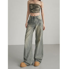 Vintage High-Waist Straight-Leg Jeans – Loose Fit Wide-Leg Stripe Design Slimming Denim Pants for Women