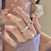 French Vintage Pearl Ring Set – Baroque Elastic Band, Adjustable Open Ring, Elegant Minimalist Design