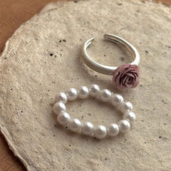 French Vintage Pearl Ring Set – Baroque Elastic Band, Adjustable Open Ring, Elegant Minimalist Design
