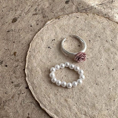 French Vintage Pearl Ring Set – Baroque Elastic Band, Adjustable Open Ring, Elegant Minimalist Design