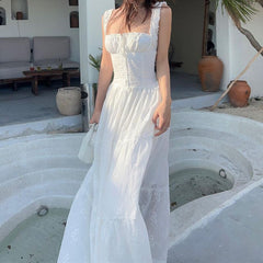French-Style Square Neck Spaghetti Strap Dress – Sweet Ruffled Jacquard Long Dress for Women