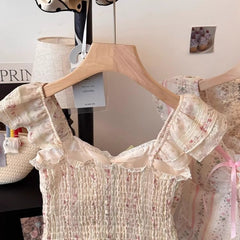 Sweet Style Ruffle Tie-Up Puff Sleeve Shirt – Floral Square Neck Slim Camisole Top