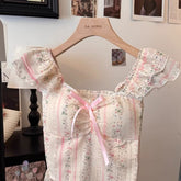 Sweet Style Ruffle Tie-Up Puff Sleeve Shirt – Floral Square Neck Slim Camisole Top