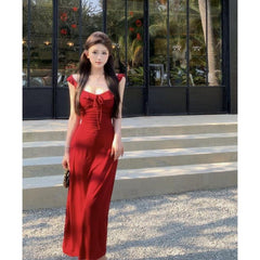 Wine Red Ruffle Tie-Strap Midi Dress – Pure Style A-Line Dress