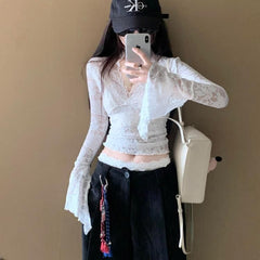 Layered French V-Neck Lace Trim Sheer Top – Chic Sexy Flared Sleeve Blouse