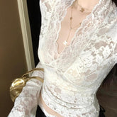 Layered French V-Neck Lace Trim Sheer Top – Chic Sexy Flared Sleeve Blouse