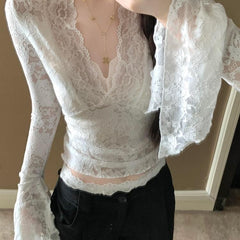 Layered French V-Neck Lace Trim Sheer Top – Chic Sexy Flared Sleeve Blouse