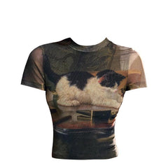 Vintage Cat Print Slim Fit T-Shirt – Short High Neck Crop Top for Women