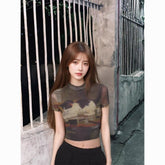Vintage Cat Print Slim Fit T-Shirt – Short High Neck Crop Top for Women