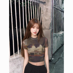 Vintage Cat Print Slim Fit T-Shirt – Short High Neck Crop Top for Women