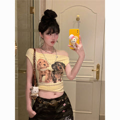 Retro Puppy Print Off-Shoulder T-Shirt – Women’s Vintage Two-Way Cute Streetwear Top