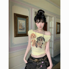Retro Puppy Print Off-Shoulder T-Shirt – Women’s Vintage Two-Way Cute Streetwear Top