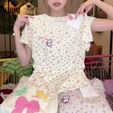 Floral Cat Embroidered Square-Neck Top – Women’s Slim Fit Sweet Short Sleeve Blouse